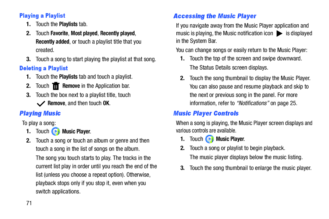 Samsung SM-T3100ZWYXAR, SMT3100GNYXAR Playing Music, Accessing the Music Player, Music Player Controls, Playing a Playlist 