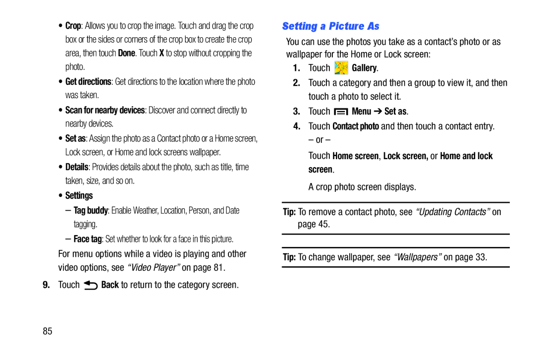 Samsung SM-T3100ZWYXAR user manual Setting a Picture As, Touch Back to return to the category screen, Touch Menu Set as 