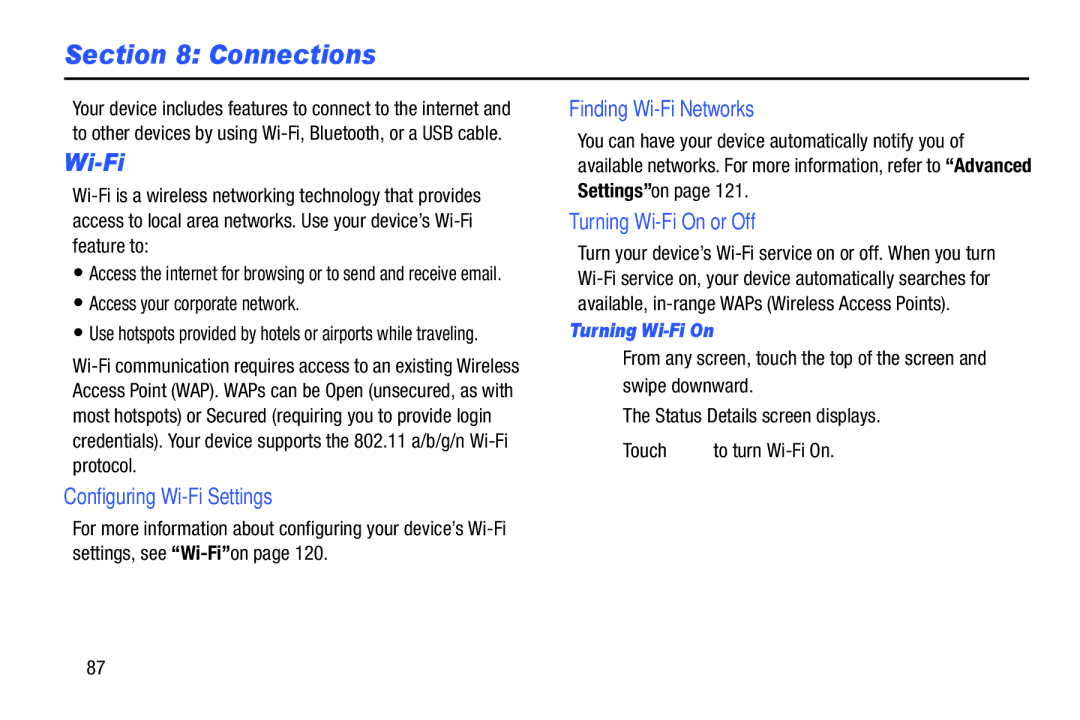 Samsung SM-T3100GNYXAR Connections, Configuring Wi-Fi Settings, Finding Wi-Fi Networks, Turning Wi-Fi On or Off 