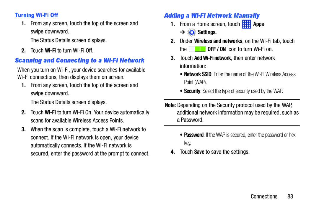 Samsung SMT3100GNYXAR, SM-T310 Adding a Wi-Fi Network Manually, Turning Wi-Fi Off, OFF / on icon to turn Wi-Fi on 