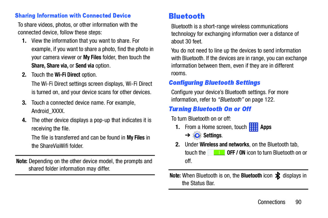 Samsung SM-T310 Configuring Bluetooth Settings, Turning Bluetooth On or Off, Sharing Information with Connected Device 