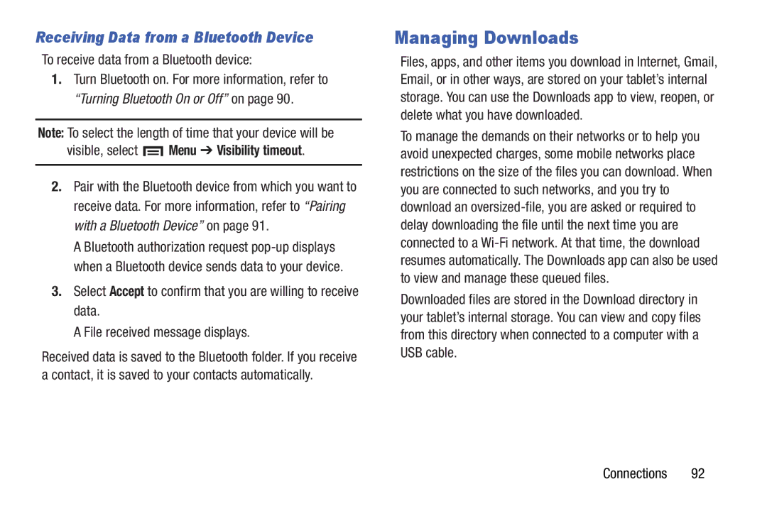 Samsung SM-T3100GNYXAR Managing Downloads, Receiving Data from a Bluetooth Device, To receive data from a Bluetooth device 