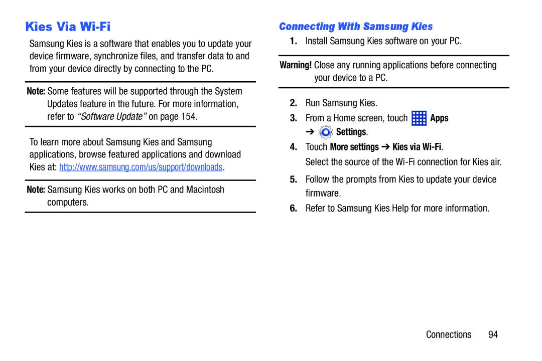 Samsung SMT3100ZWYXAR, SM-T310 Kies Via Wi-Fi, Connecting With Samsung Kies, Settings Touch More settings Kies via Wi-Fi 