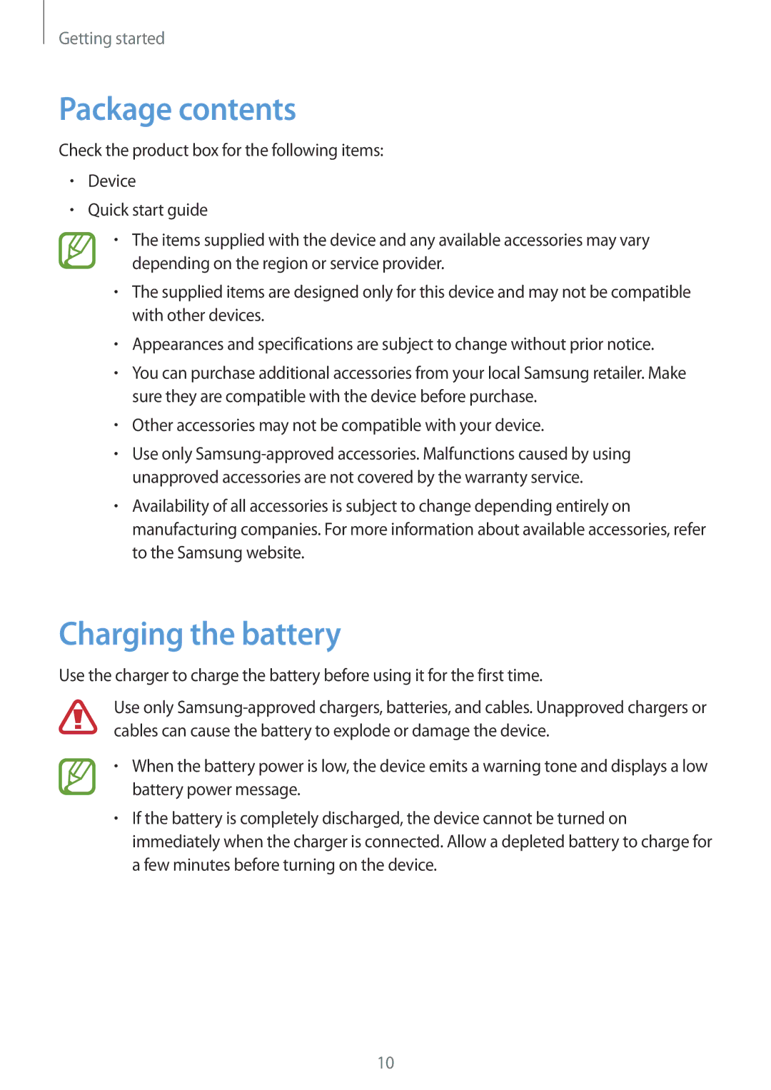 Samsung SM-T310 user manual Package contents, Charging the battery 