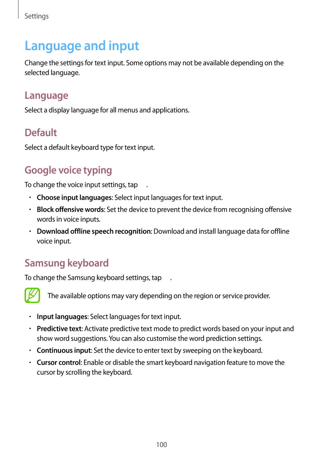 Samsung SM-T310 user manual Language and input, Default, Google voice typing, Samsung keyboard 