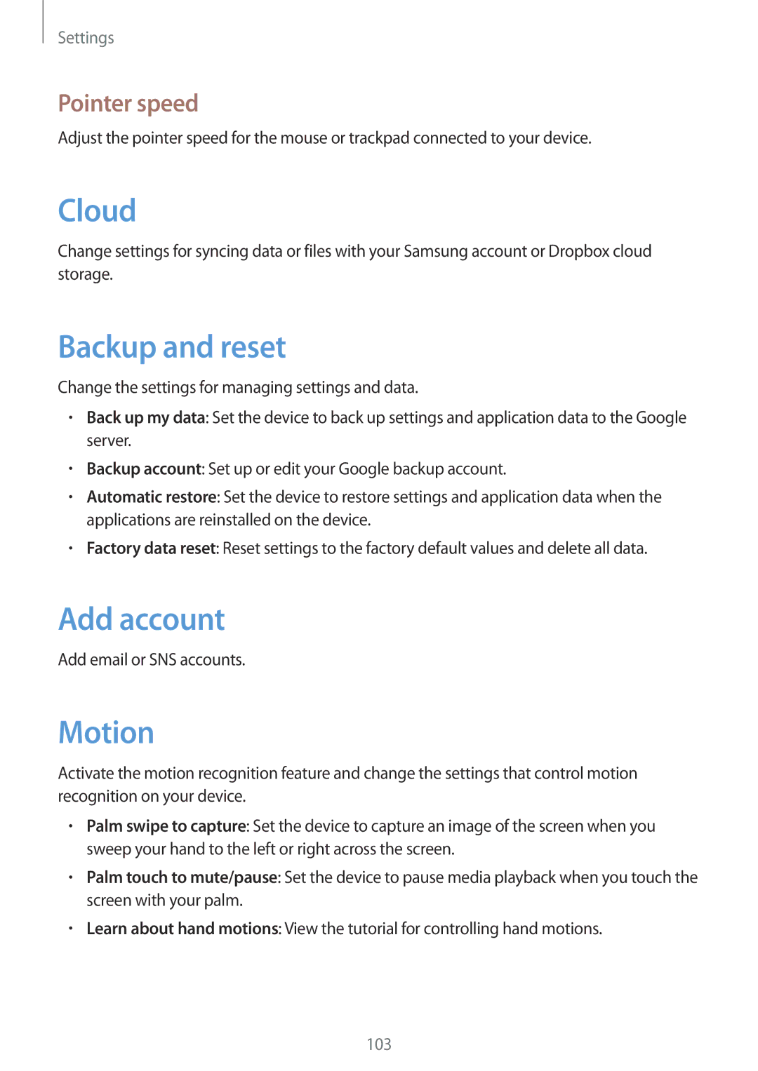 Samsung SM-T310 user manual Backup and reset, Add account, Motion, Pointer speed 