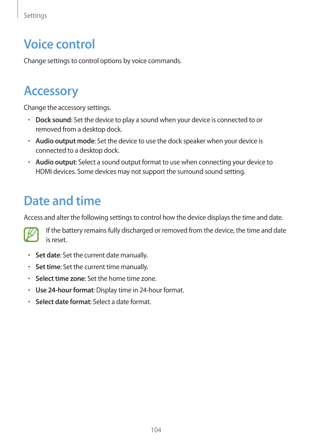 Samsung SM-T310 user manual Voice control, Accessory, Date and time 