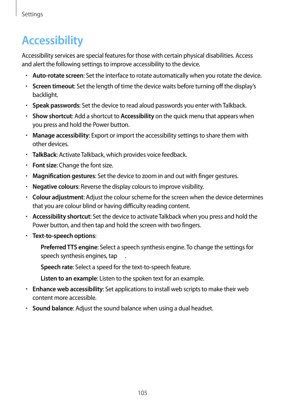 Samsung SM-T310 user manual Accessibility, Text-to-speech options 