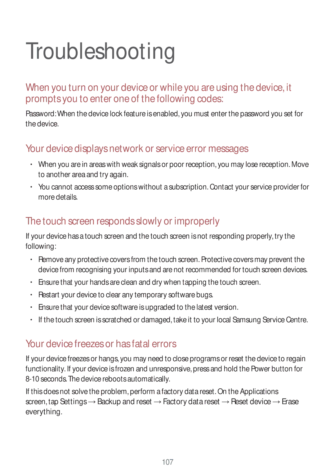 Samsung SM-T310 user manual Troubleshooting, Your device displays network or service error messages 