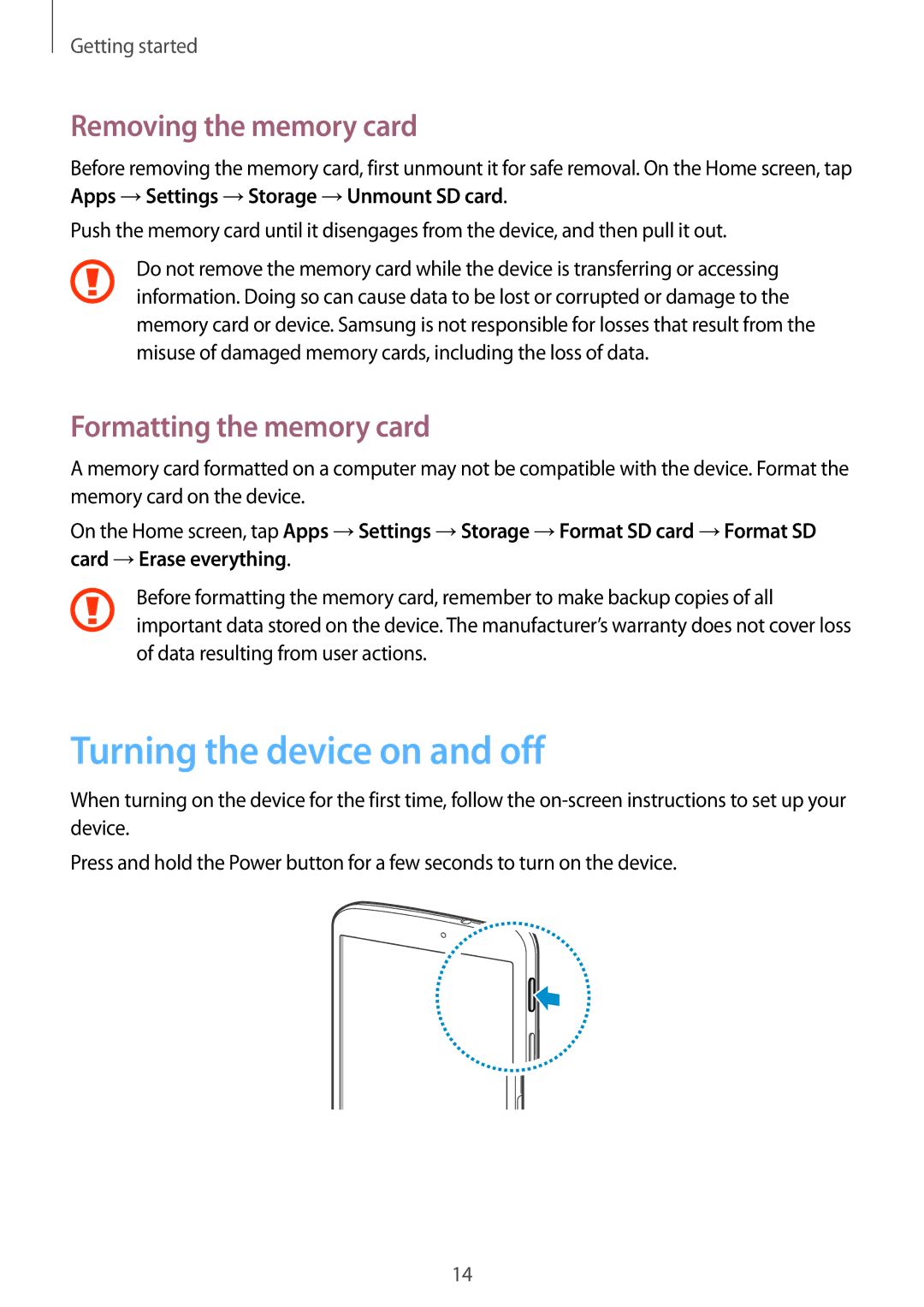 Samsung SM-T310 user manual Turning the device on and off, Removing the memory card, Formatting the memory card 