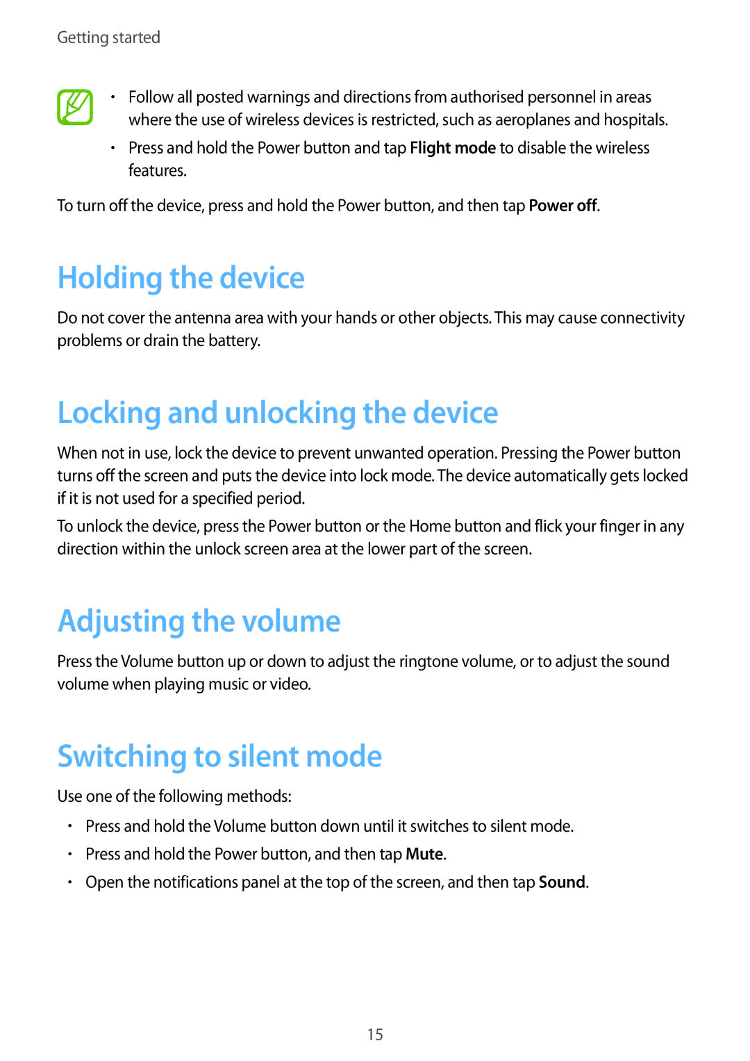 Samsung SM-T310 Holding the device, Locking and unlocking the device, Adjusting the volume, Switching to silent mode 