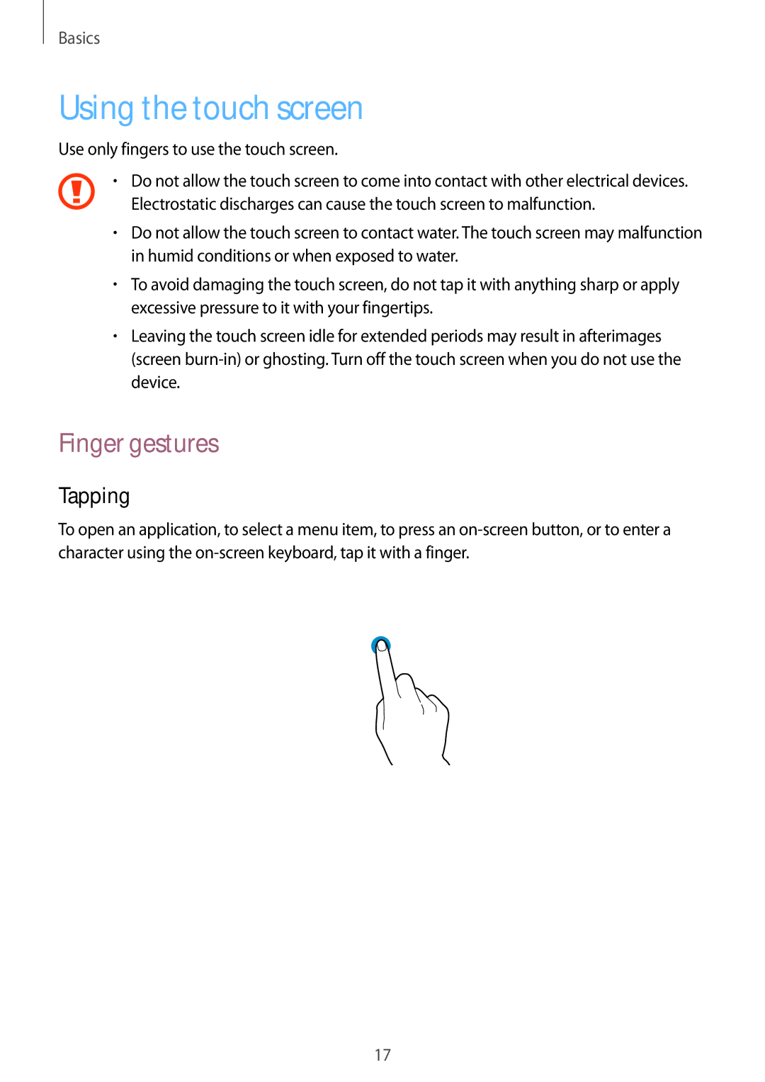 Samsung SM-T310 user manual Using the touch screen, Finger gestures, Tapping 