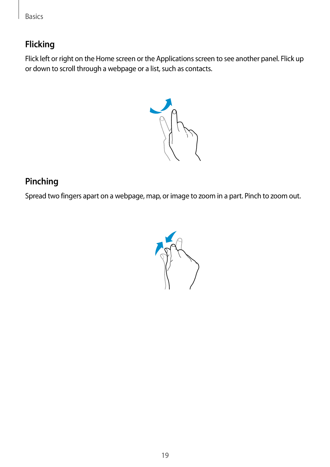 Samsung SM-T310 user manual Flicking, Pinching 