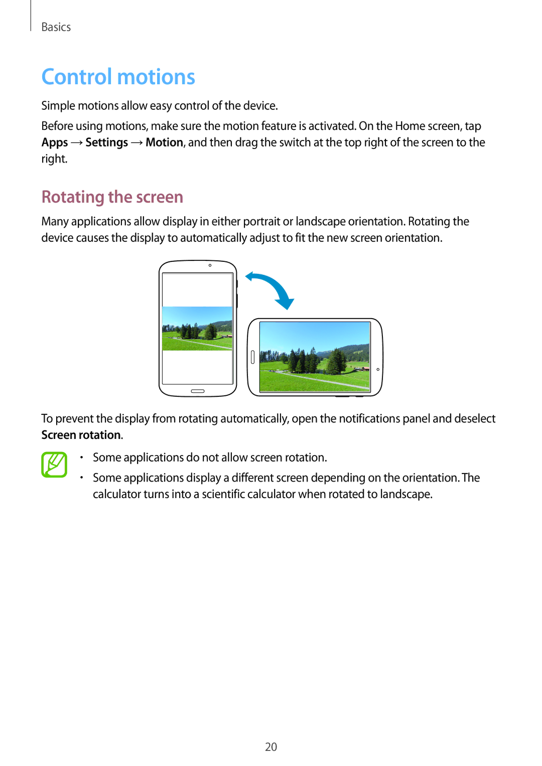 Samsung SM-T310 user manual Control motions, Rotating the screen 