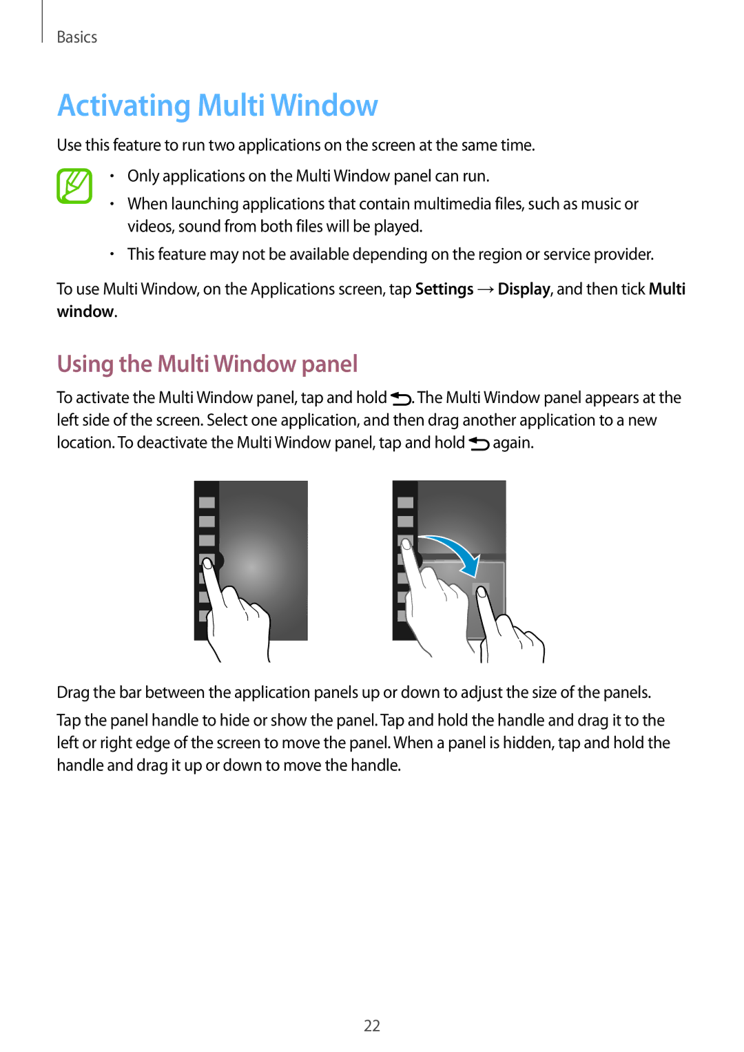 Samsung SM-T310 user manual Activating Multi Window, Using the Multi Window panel 