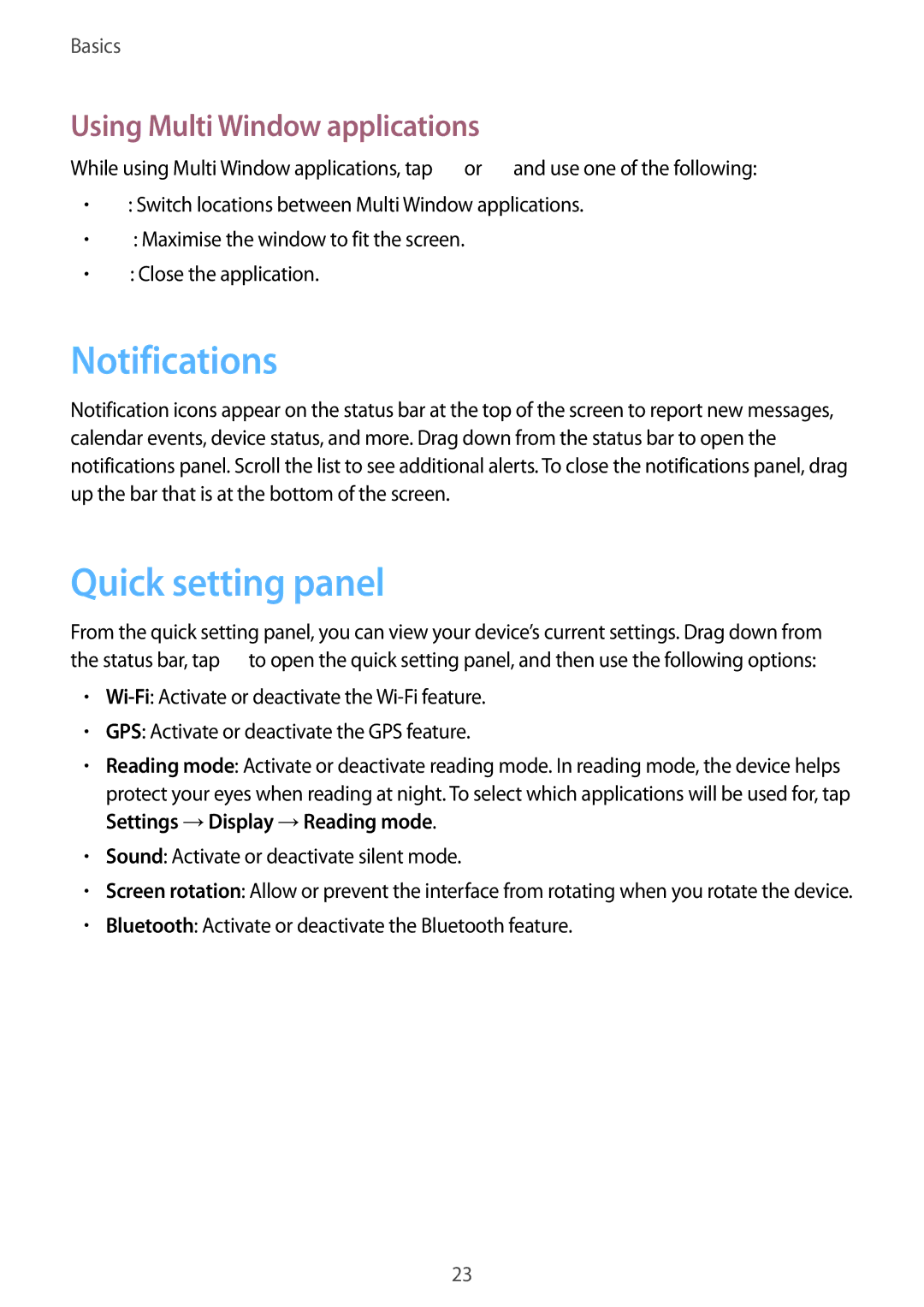 Samsung SM-T310 user manual Notifications, Quick setting panel, Using Multi Window applications 