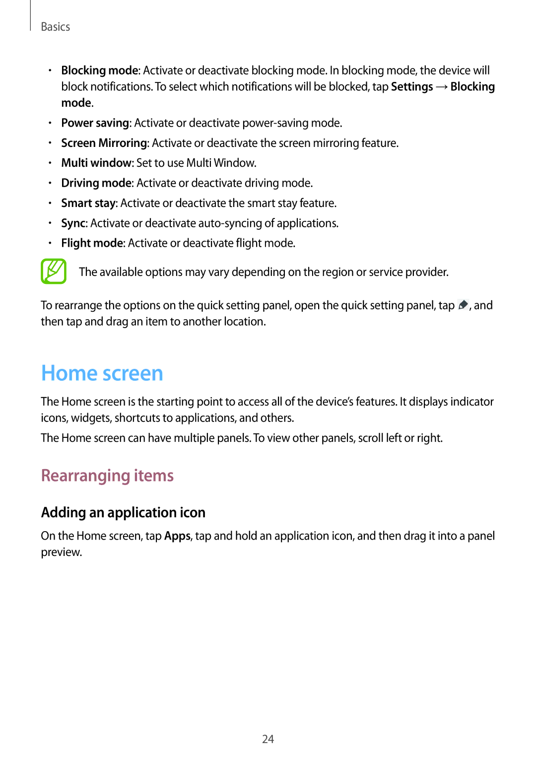 Samsung SM-T310 user manual Home screen, Rearranging items, Adding an application icon 