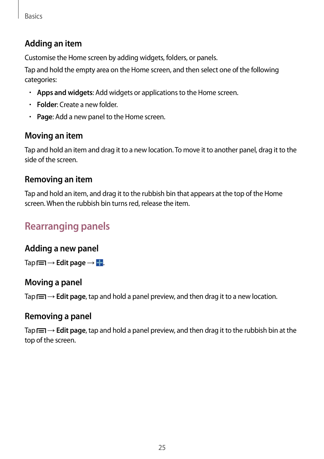 Samsung SM-T310 user manual Rearranging panels 