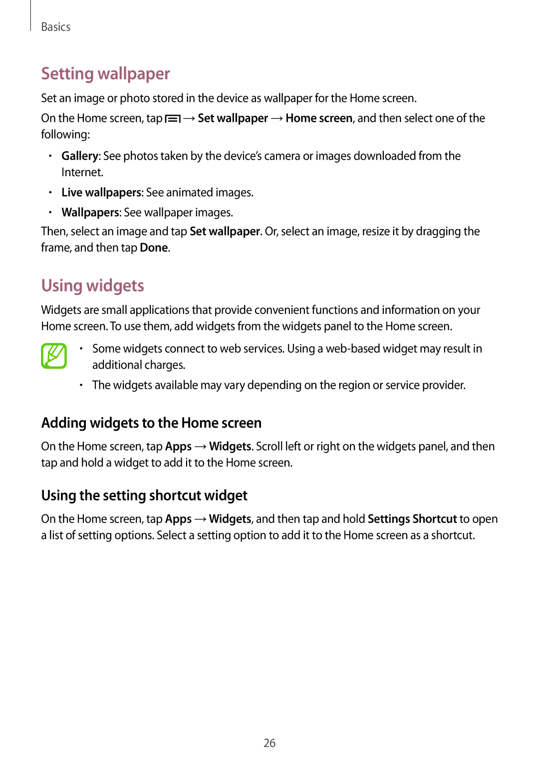 Samsung SM-T310 Setting wallpaper, Using widgets, Adding widgets to the Home screen, Using the setting shortcut widget 