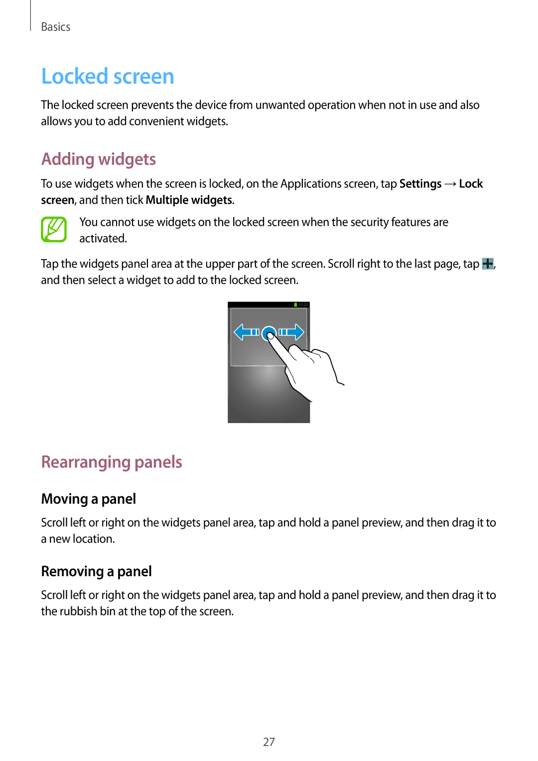 Samsung SM-T310 user manual Locked screen, Adding widgets 