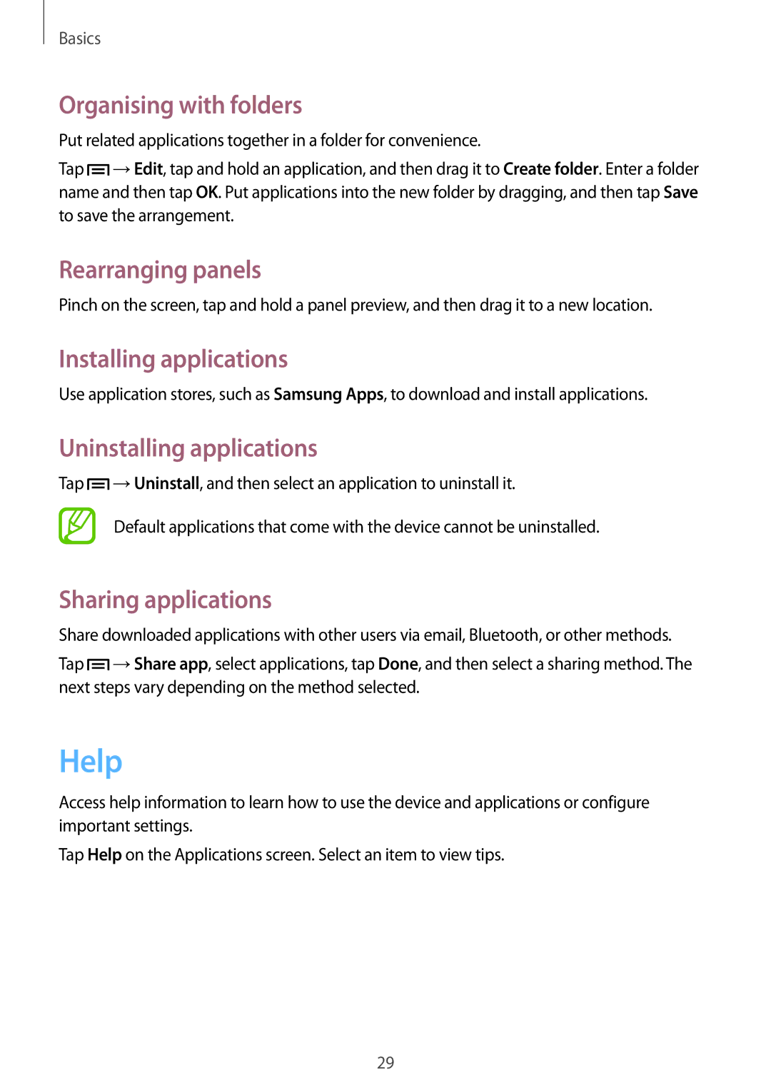 Samsung SM-T310 Help, Organising with folders, Installing applications, Uninstalling applications, Sharing applications 