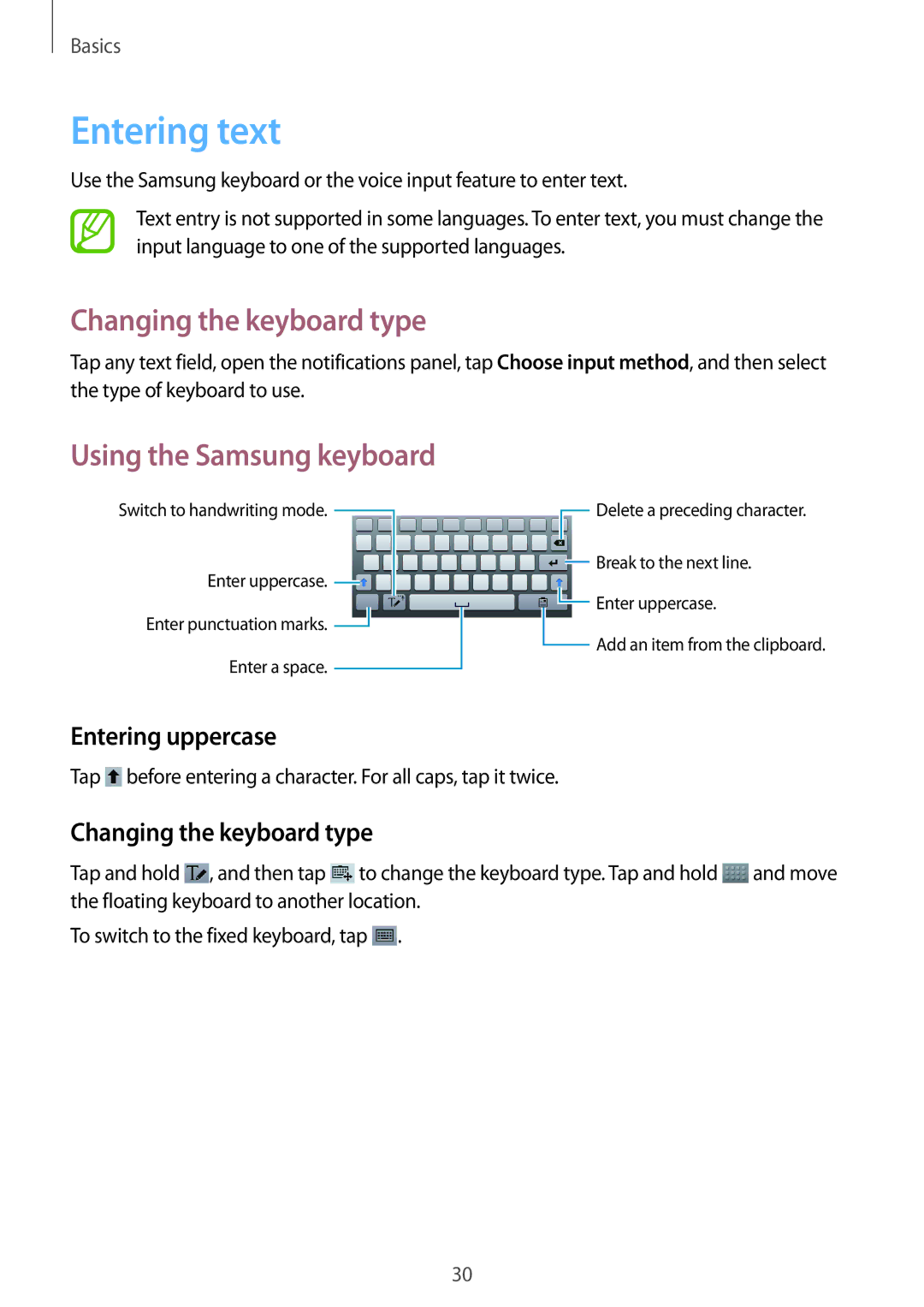 Samsung SM-T310 user manual Entering text, Changing the keyboard type, Using the Samsung keyboard, Entering uppercase 