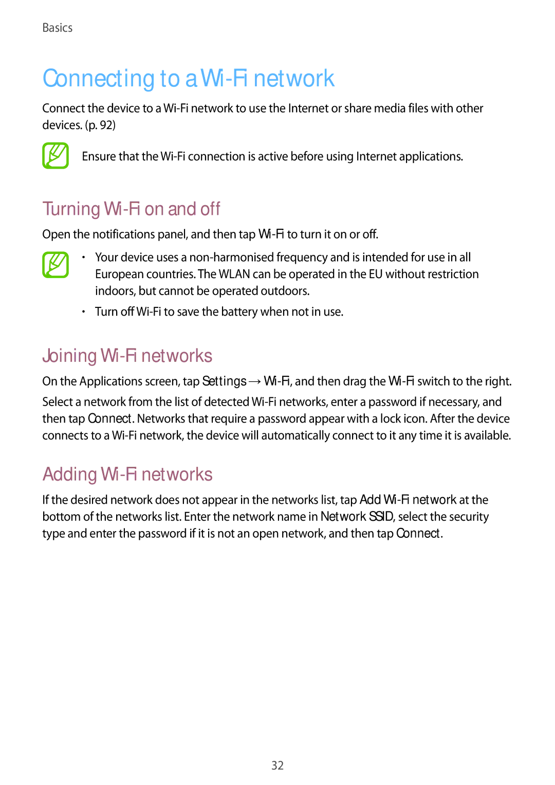 Samsung SM-T310 Connecting to a Wi-Fi network, Turning Wi-Fi on and off, Joining Wi-Fi networks, Adding Wi-Fi networks 