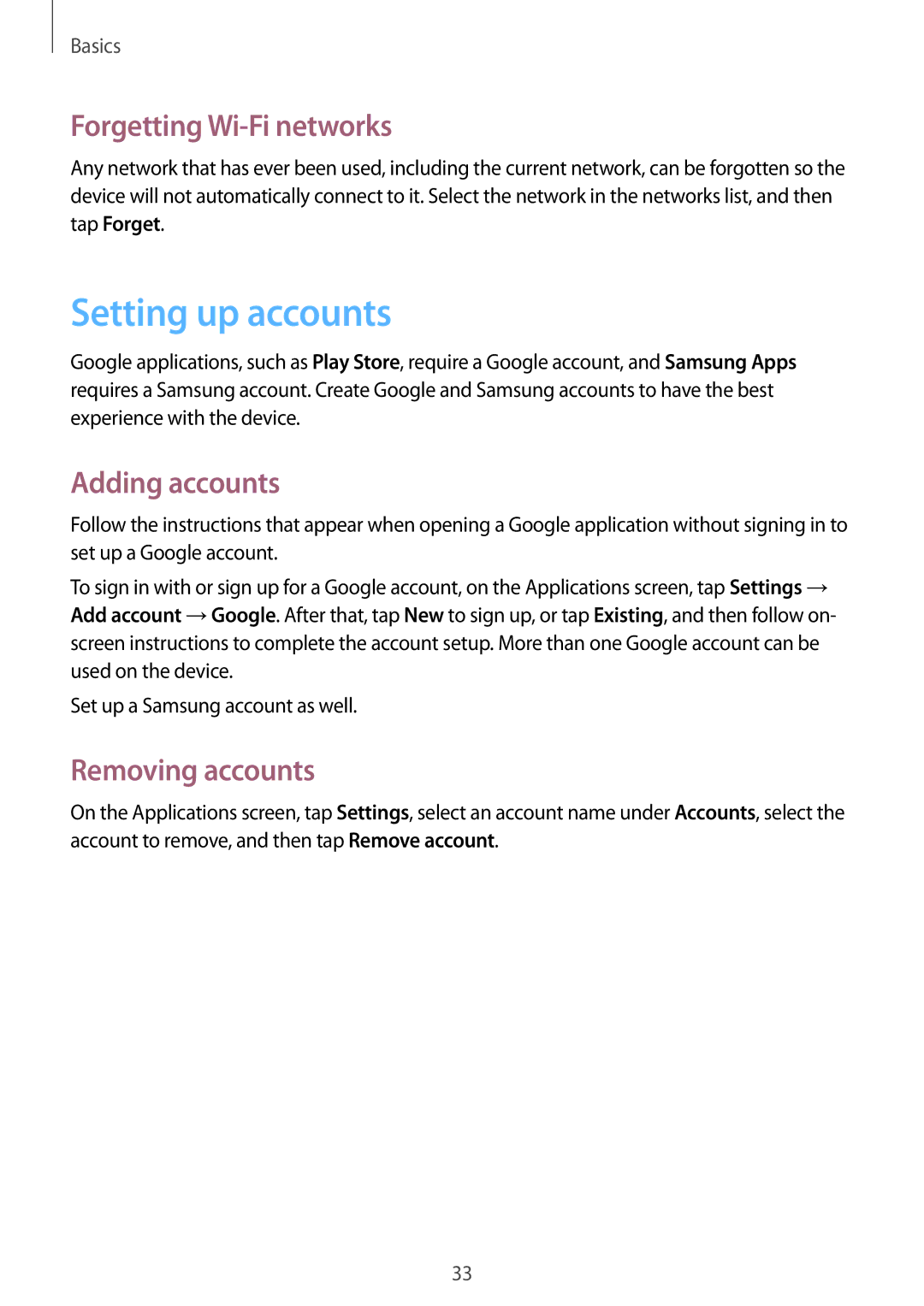 Samsung SM-T310 user manual Setting up accounts, Forgetting Wi-Fi networks, Adding accounts, Removing accounts 