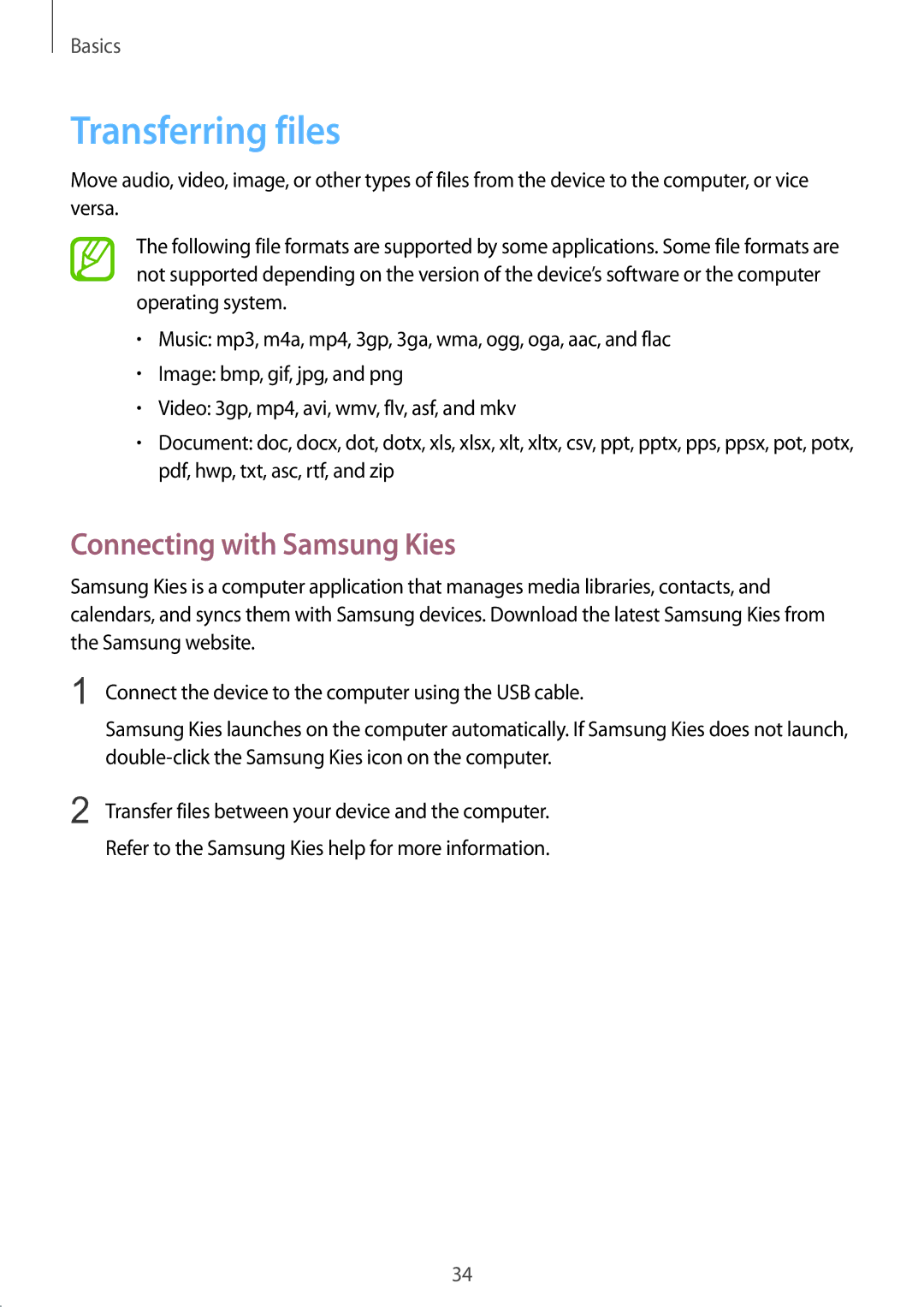 Samsung SM-T310 user manual Transferring files, Connecting with Samsung Kies 