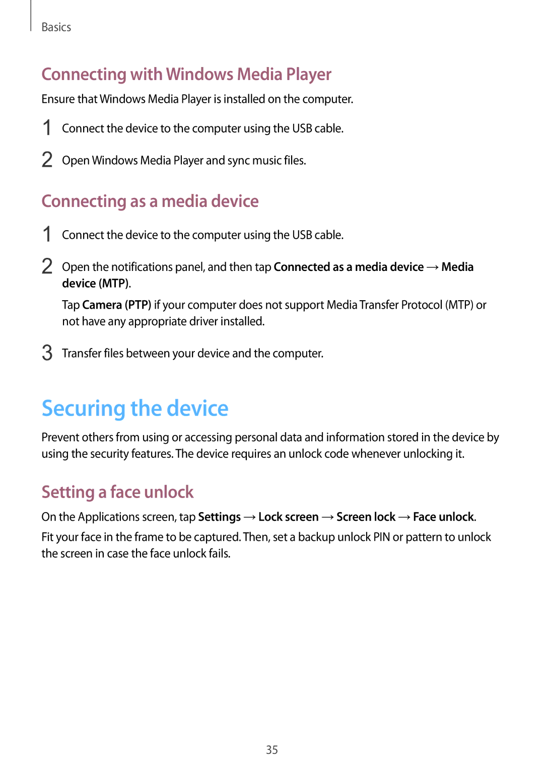 Samsung SM-T310 Securing the device, Connecting with Windows Media Player, Connecting as a media device, Device MTP 