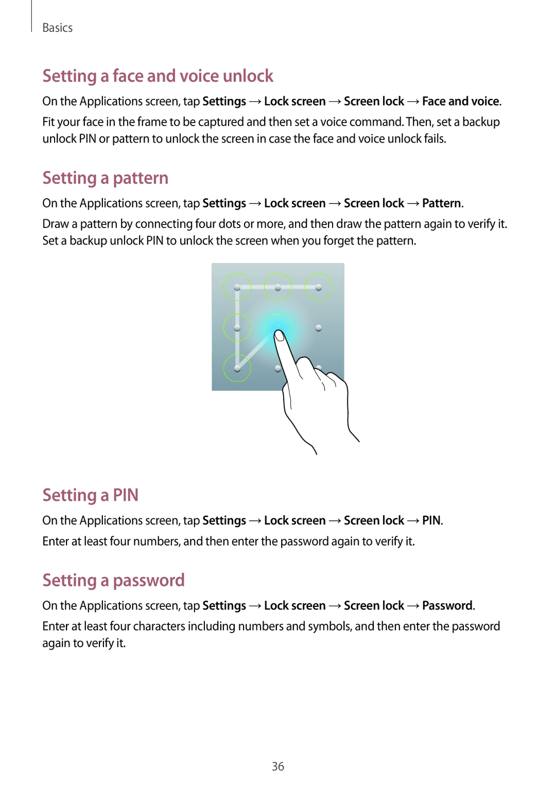 Samsung SM-T310 user manual Setting a face and voice unlock, Setting a pattern, Setting a PIN, Setting a password 