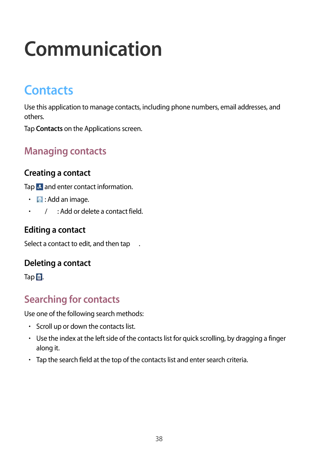 Samsung SM-T310 user manual Communication, Contacts, Managing contacts, Searching for contacts 