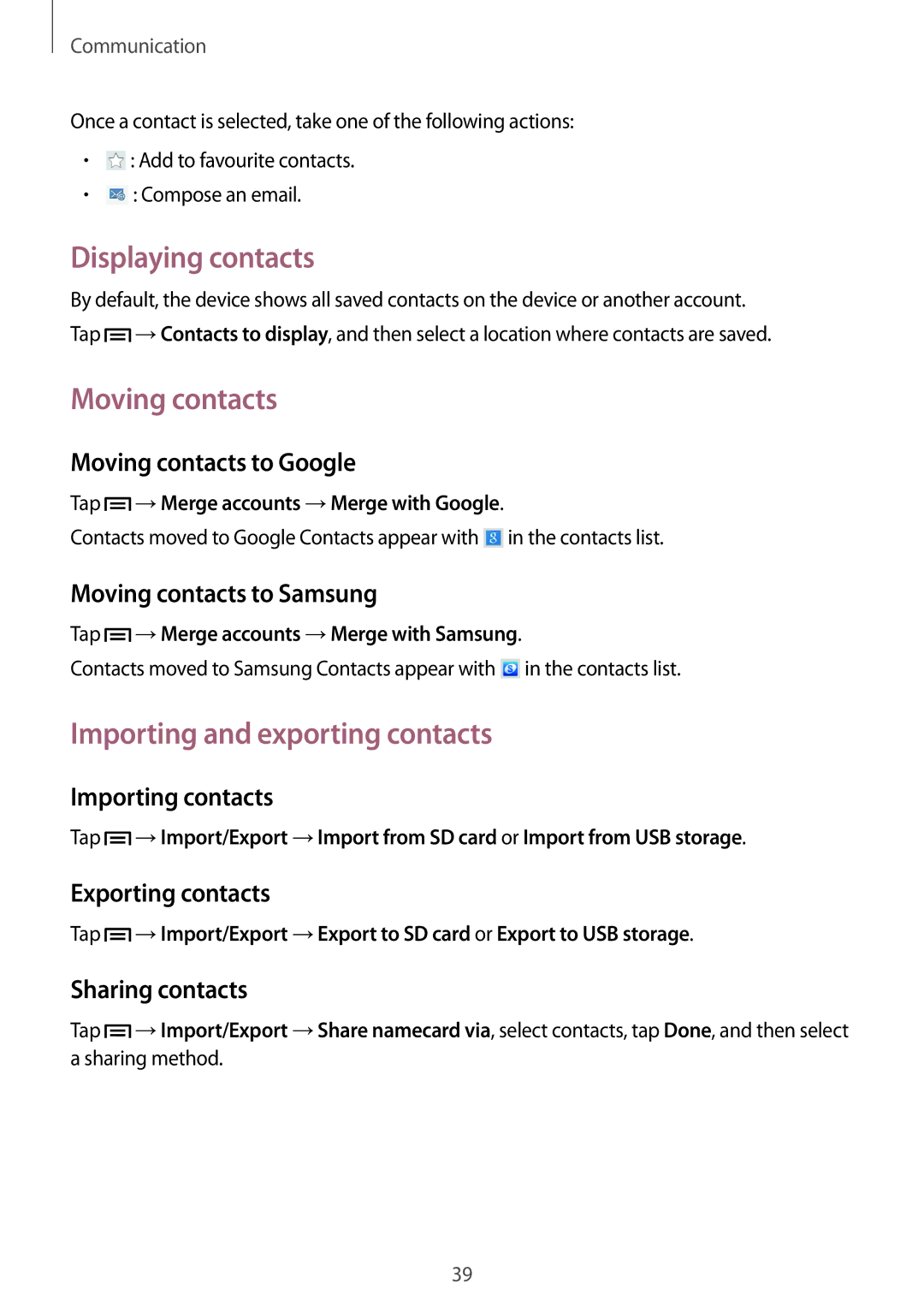 Samsung SM-T310 user manual Displaying contacts, Moving contacts, Importing and exporting contacts 