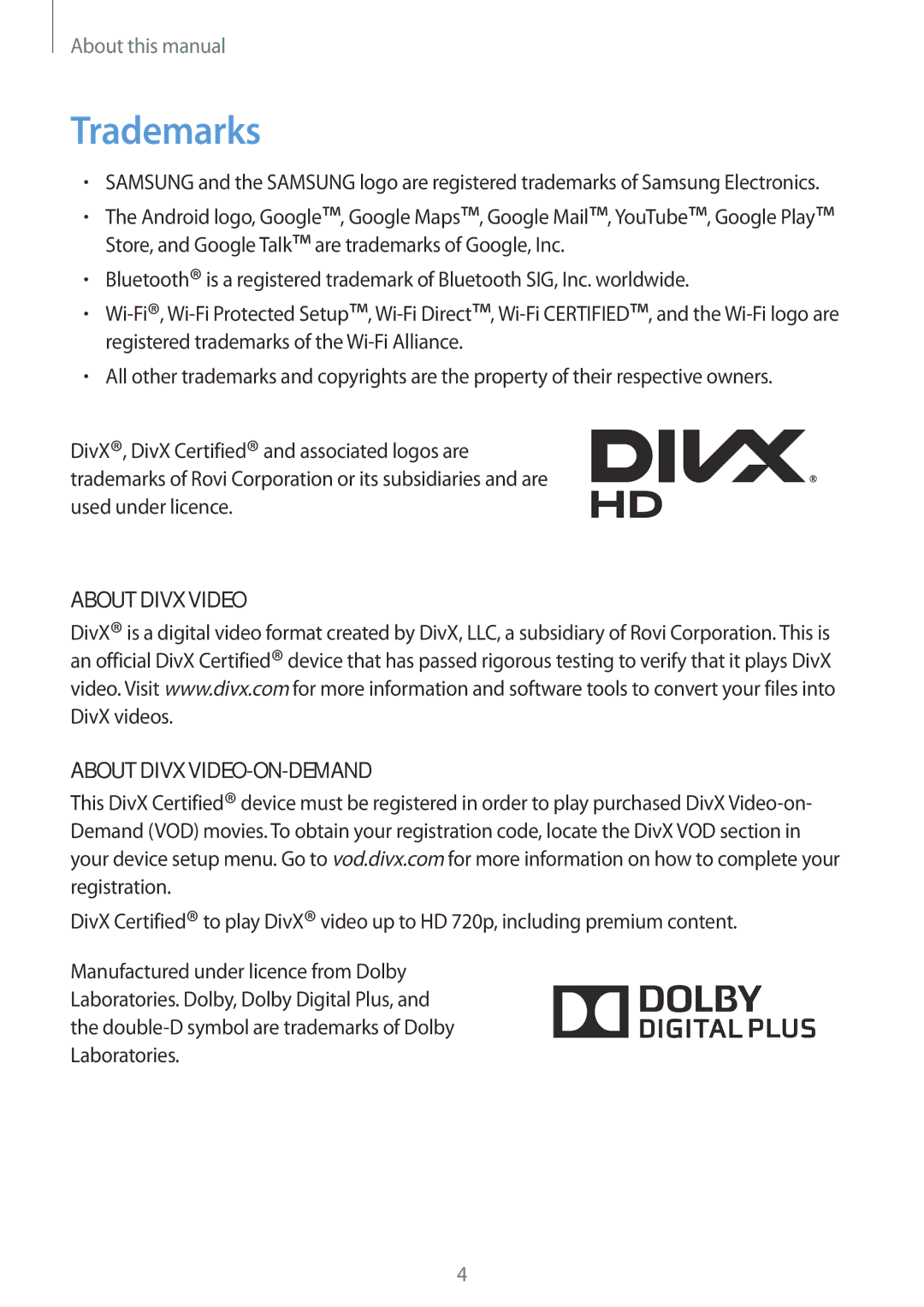 Samsung SM-T310 user manual Trademarks, About Divx Video About Divx VIDEO-ON-DEMAND 