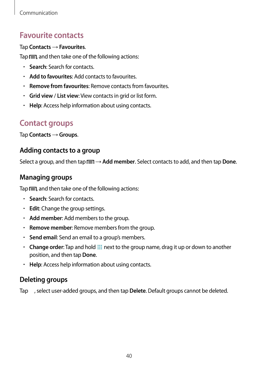 Samsung SM-T310 Favourite contacts, Contact groups, Adding contacts to a group, Managing groups, Deleting groups 