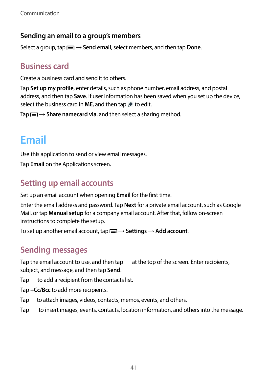 Samsung SM-T310 Business card, Setting up email accounts, Sending messages, Sending an email to a group’s members 