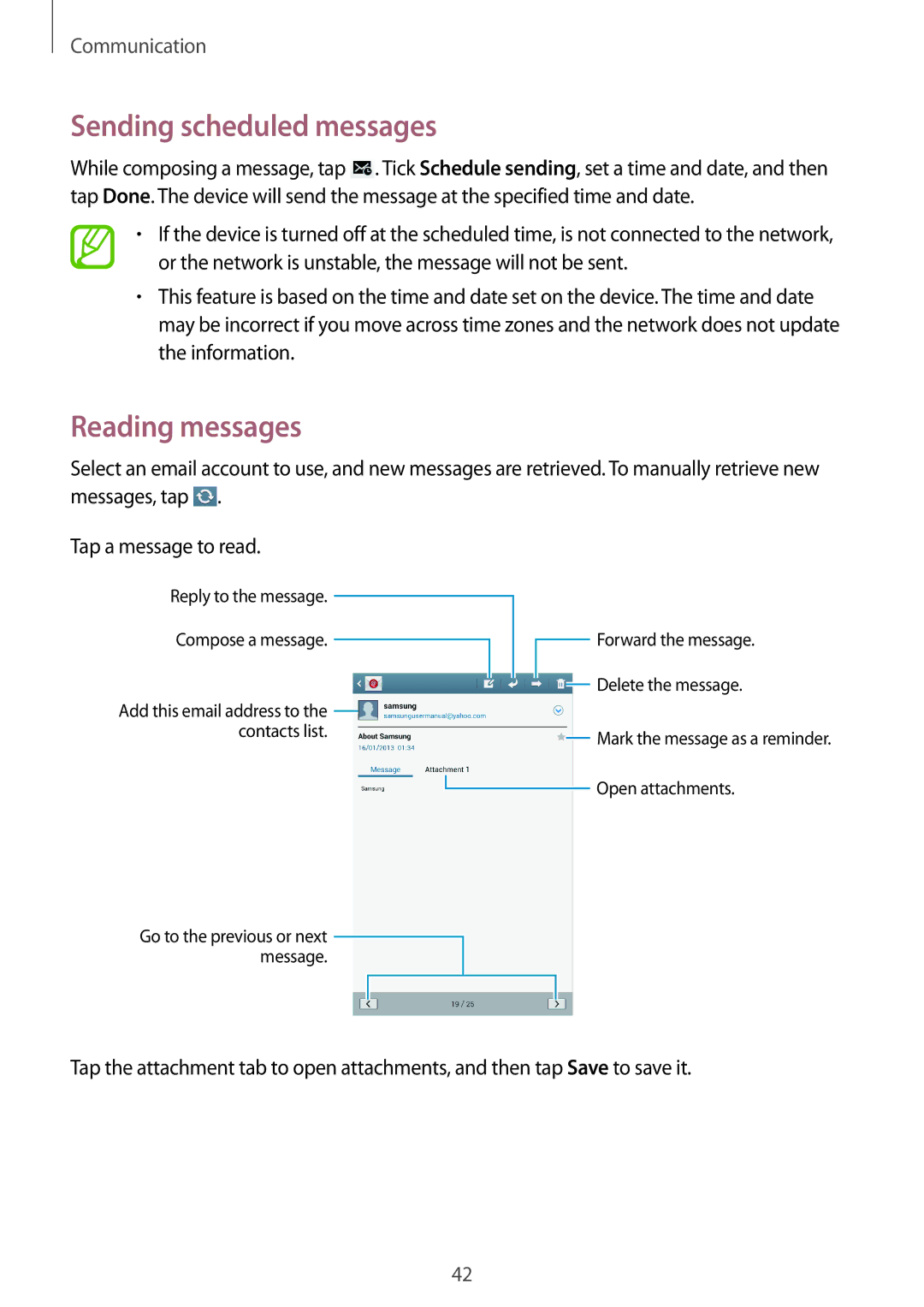 Samsung SM-T310 user manual Sending scheduled messages, Reading messages 