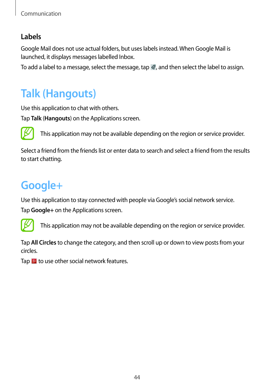 Samsung SM-T310 user manual Talk Hangouts, Google+, Labels 