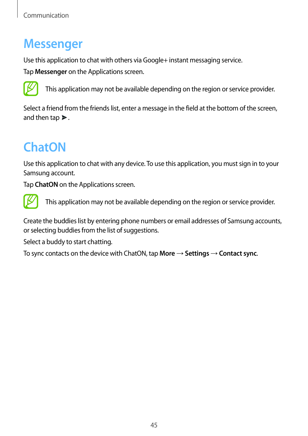 Samsung SM-T310 user manual Messenger, ChatON 