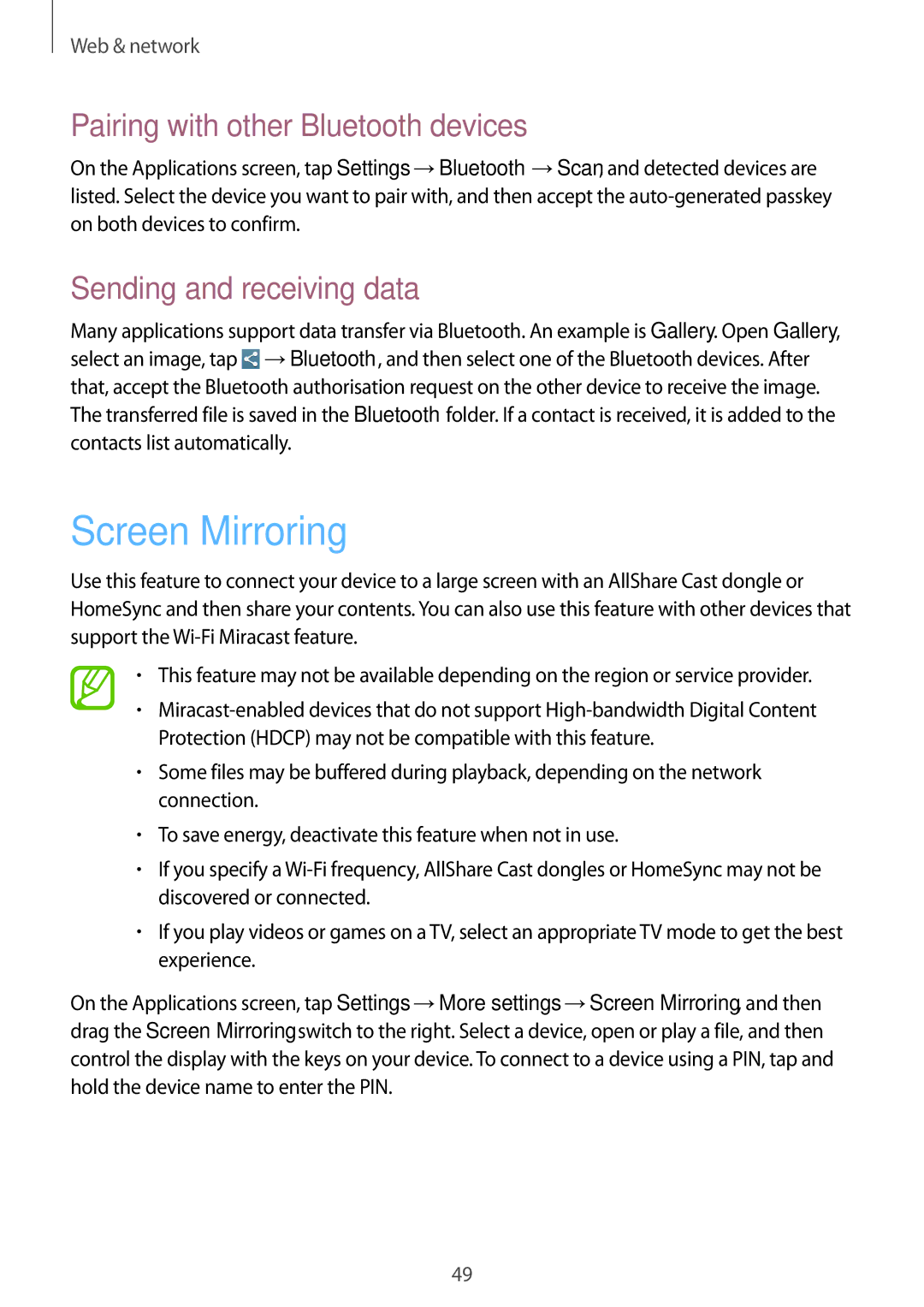 Samsung SM-T310 user manual Screen Mirroring, Pairing with other Bluetooth devices, Sending and receiving data 