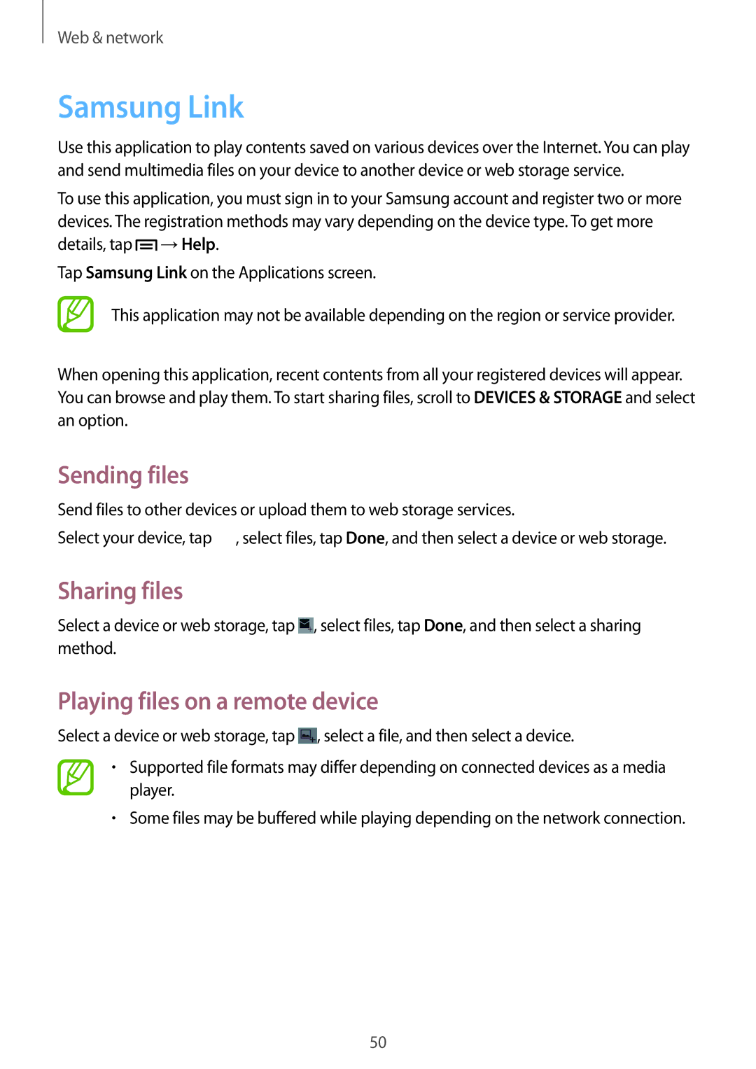 Samsung SM-T310 user manual Samsung Link, Sending files, Sharing files, Playing files on a remote device 