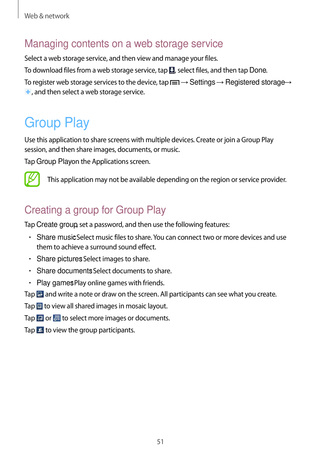 Samsung SM-T310 user manual Managing contents on a web storage service, Creating a group for Group Play 