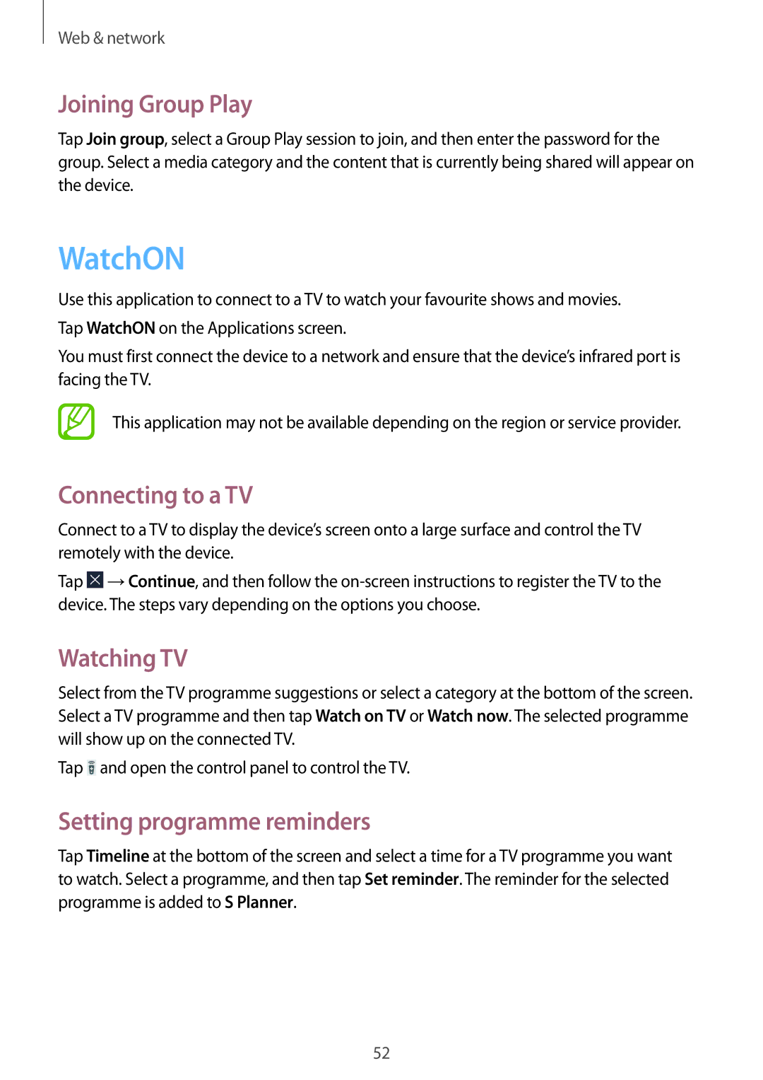 Samsung SM-T310 user manual WatchON, Joining Group Play, Connecting to a TV, Watching TV, Setting programme reminders 