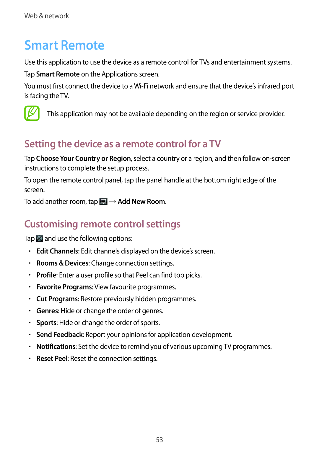 Samsung SM-T310 Smart Remote, Setting the device as a remote control for a TV, Customising remote control settings 