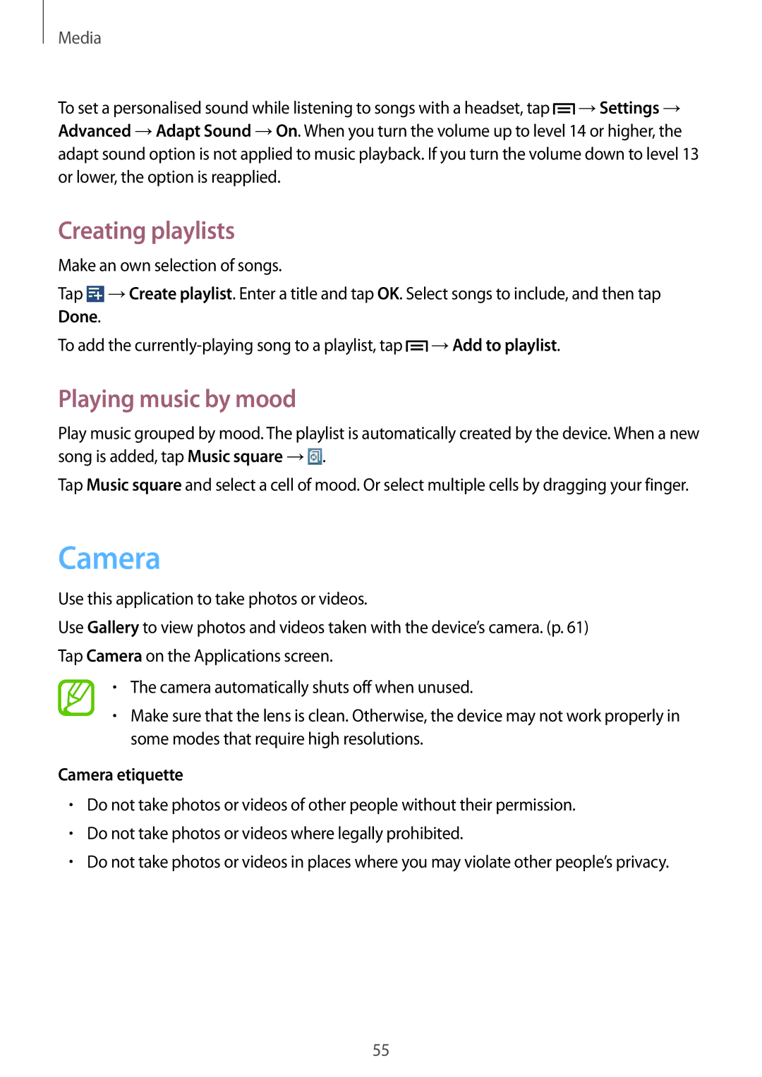 Samsung SM-T310 user manual Creating playlists, Playing music by mood, Camera etiquette 
