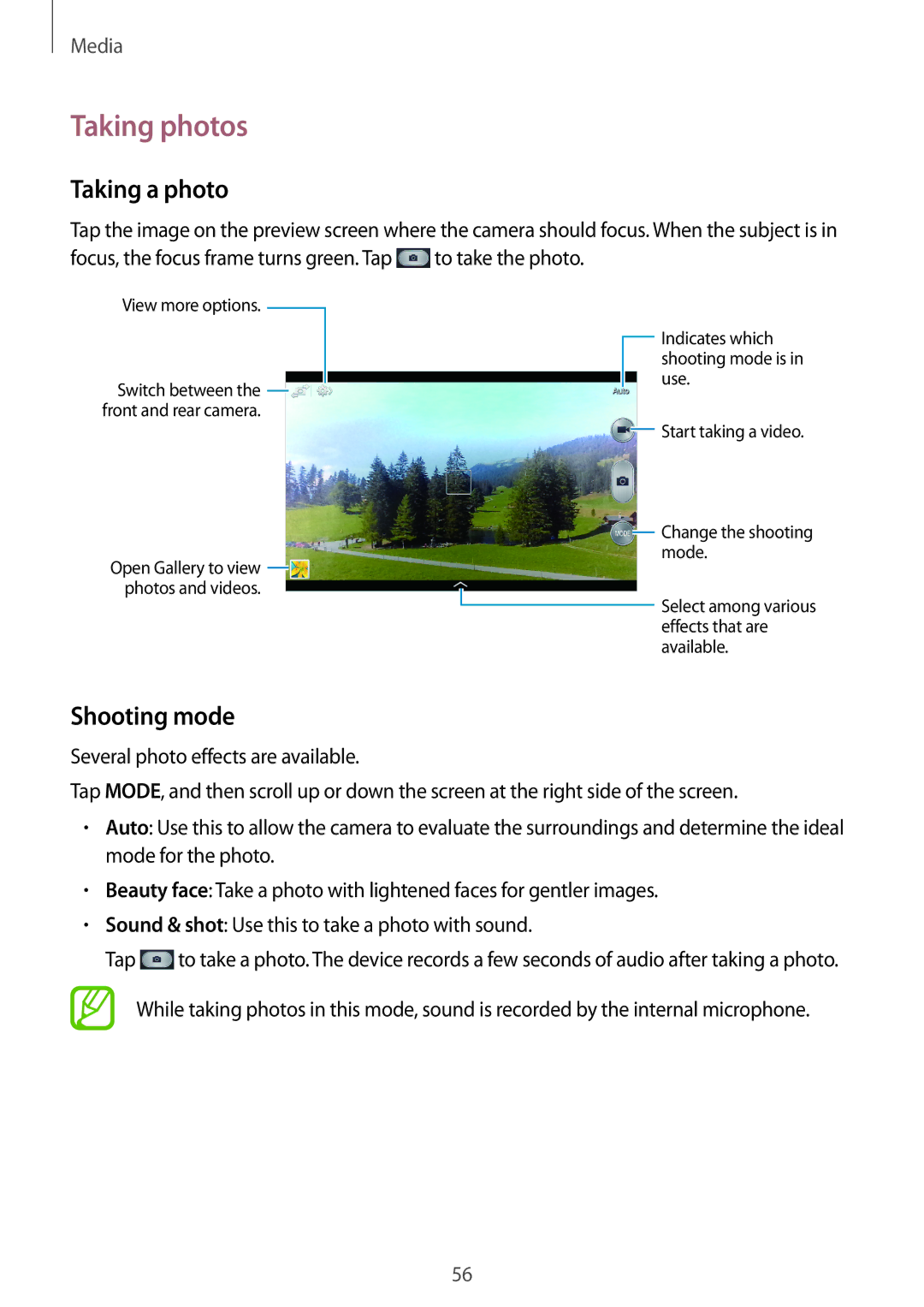 Samsung SM-T310 user manual Taking photos, Taking a photo, Shooting mode 