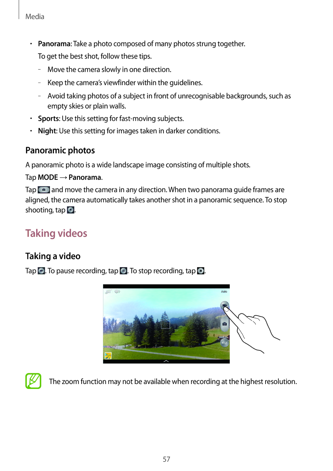 Samsung SM-T310 user manual Taking videos, Panoramic photos, Taking a video, Tap Mode →Panorama 