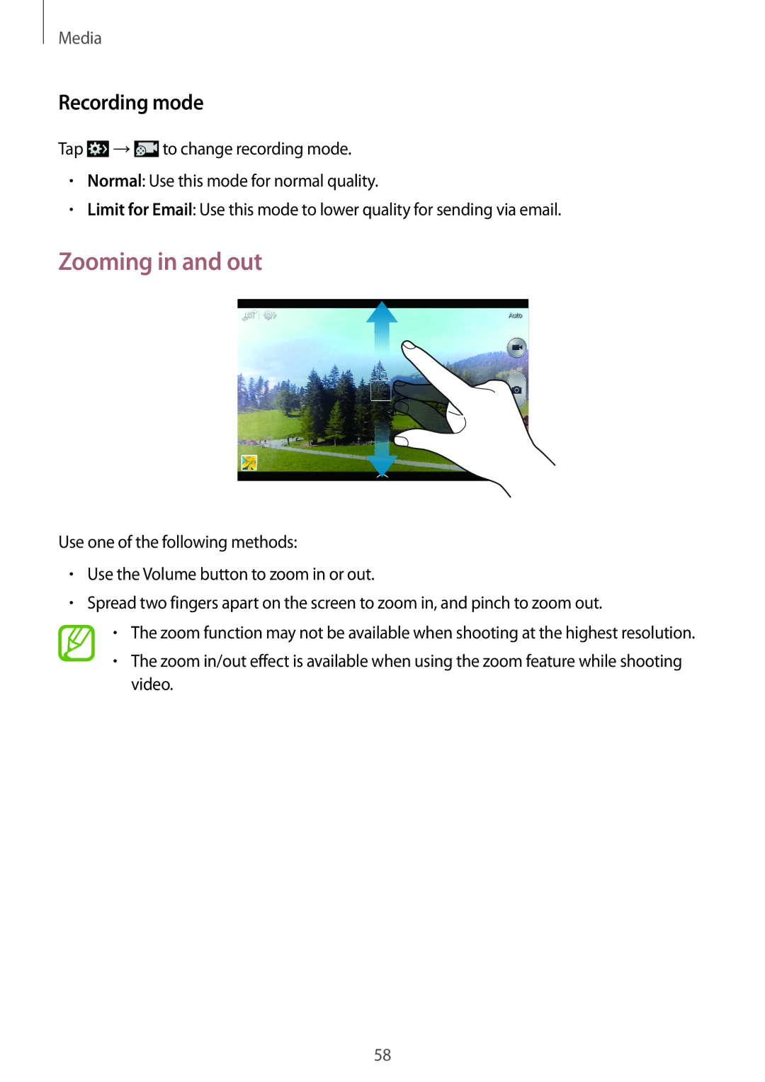 Samsung SM-T310 user manual Zooming in and out, Recording mode 