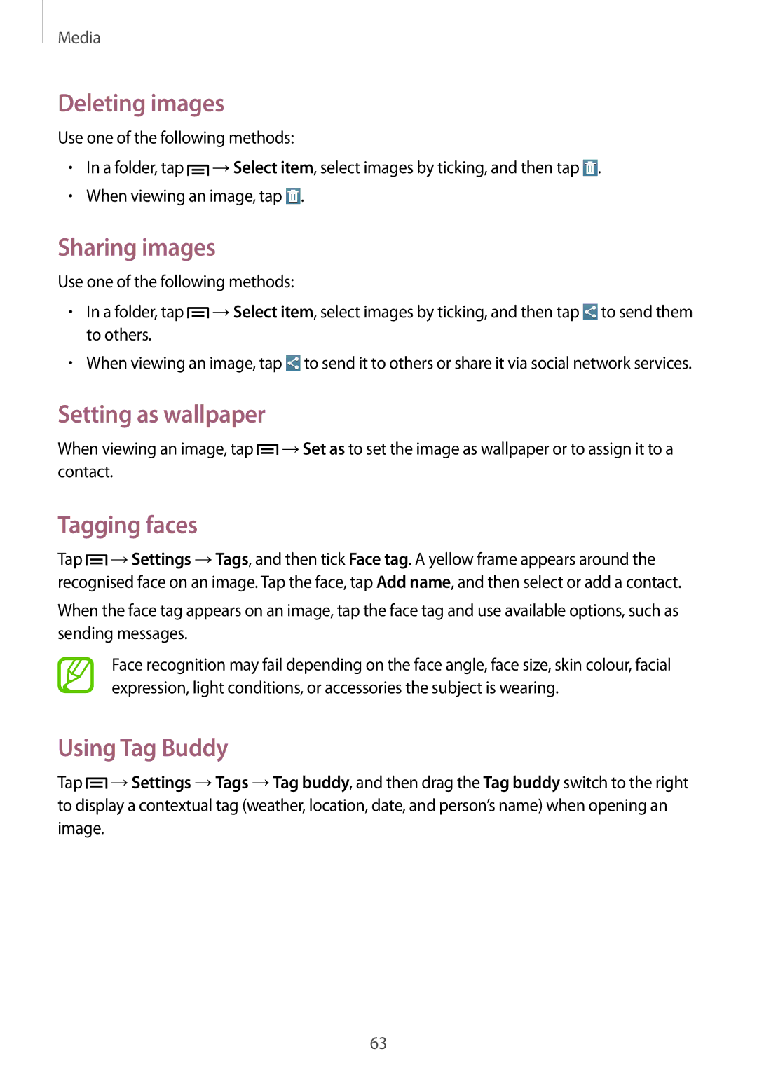 Samsung SM-T310 user manual Deleting images, Sharing images, Setting as wallpaper, Tagging faces, Using Tag Buddy 