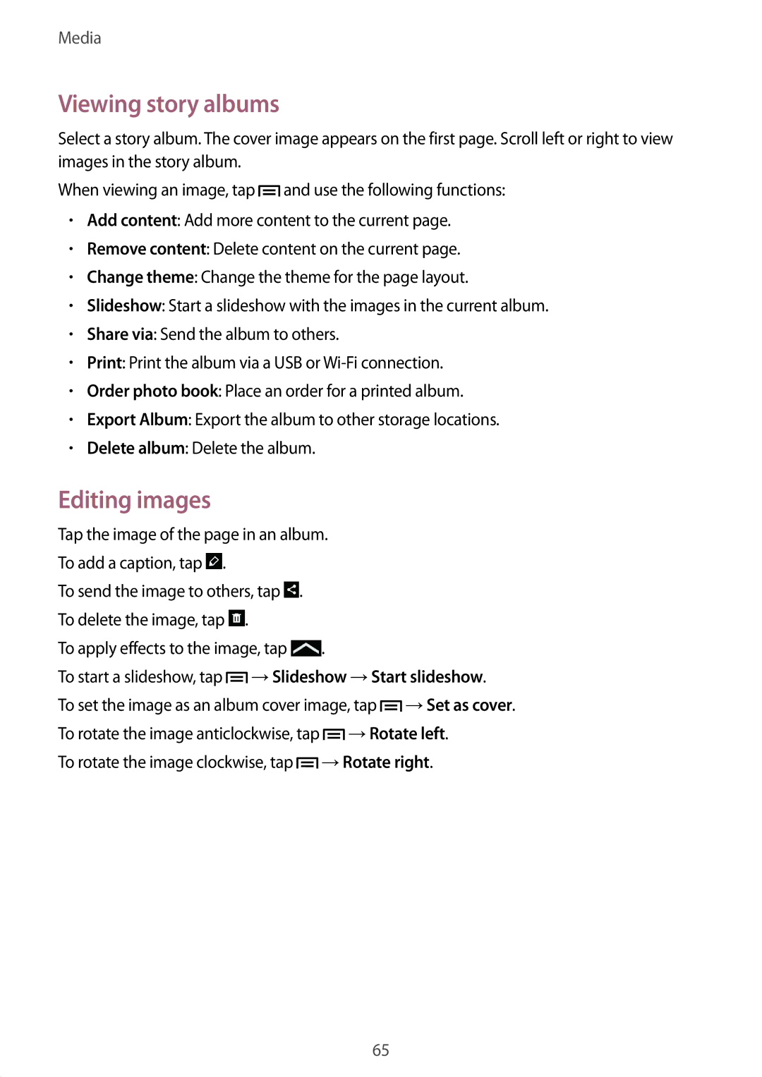 Samsung SM-T310 user manual Viewing story albums, →Rotate left, →Rotate right 